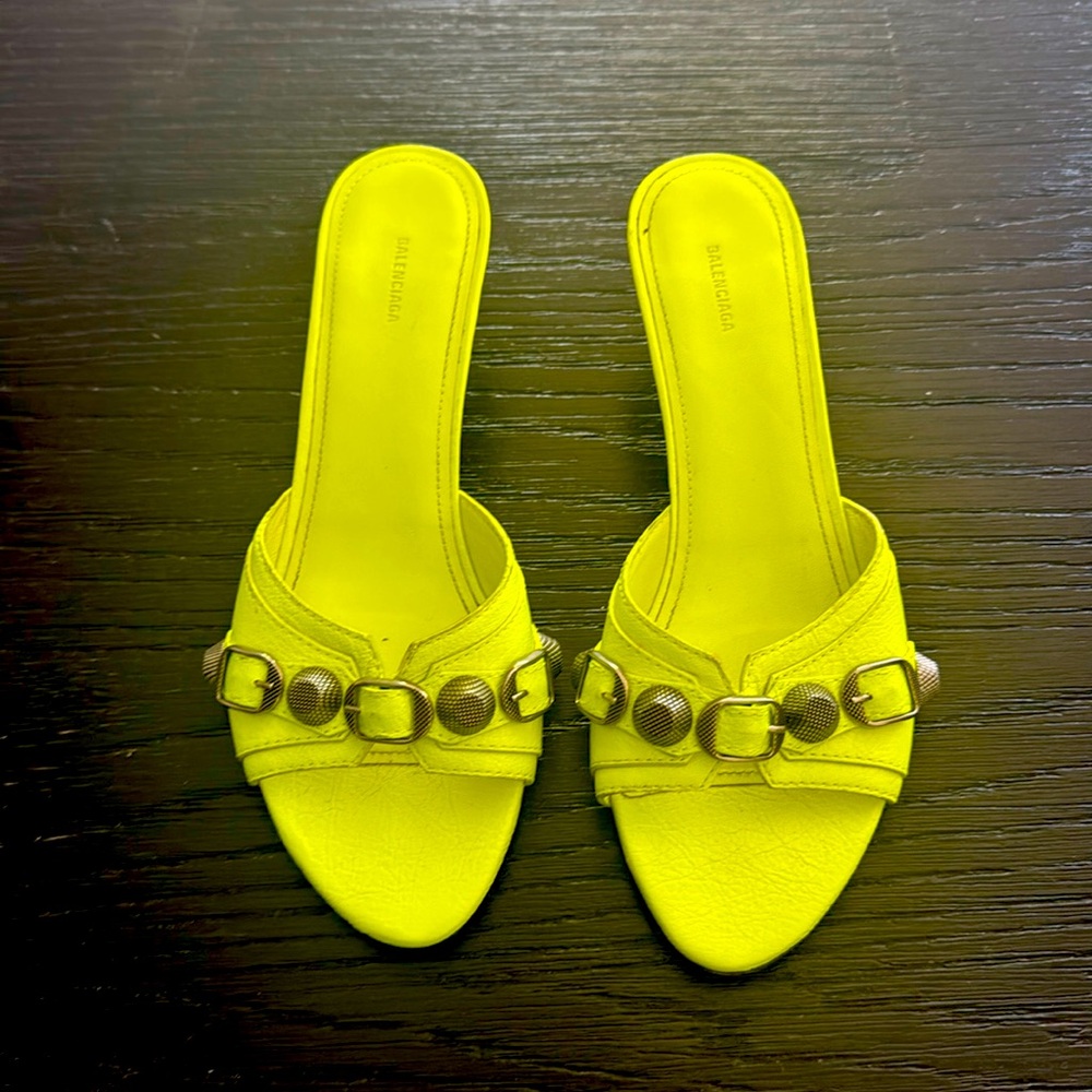 Balenciaga Neon Yellow Leather Le Cagole Studded Slide Sandals Size 38